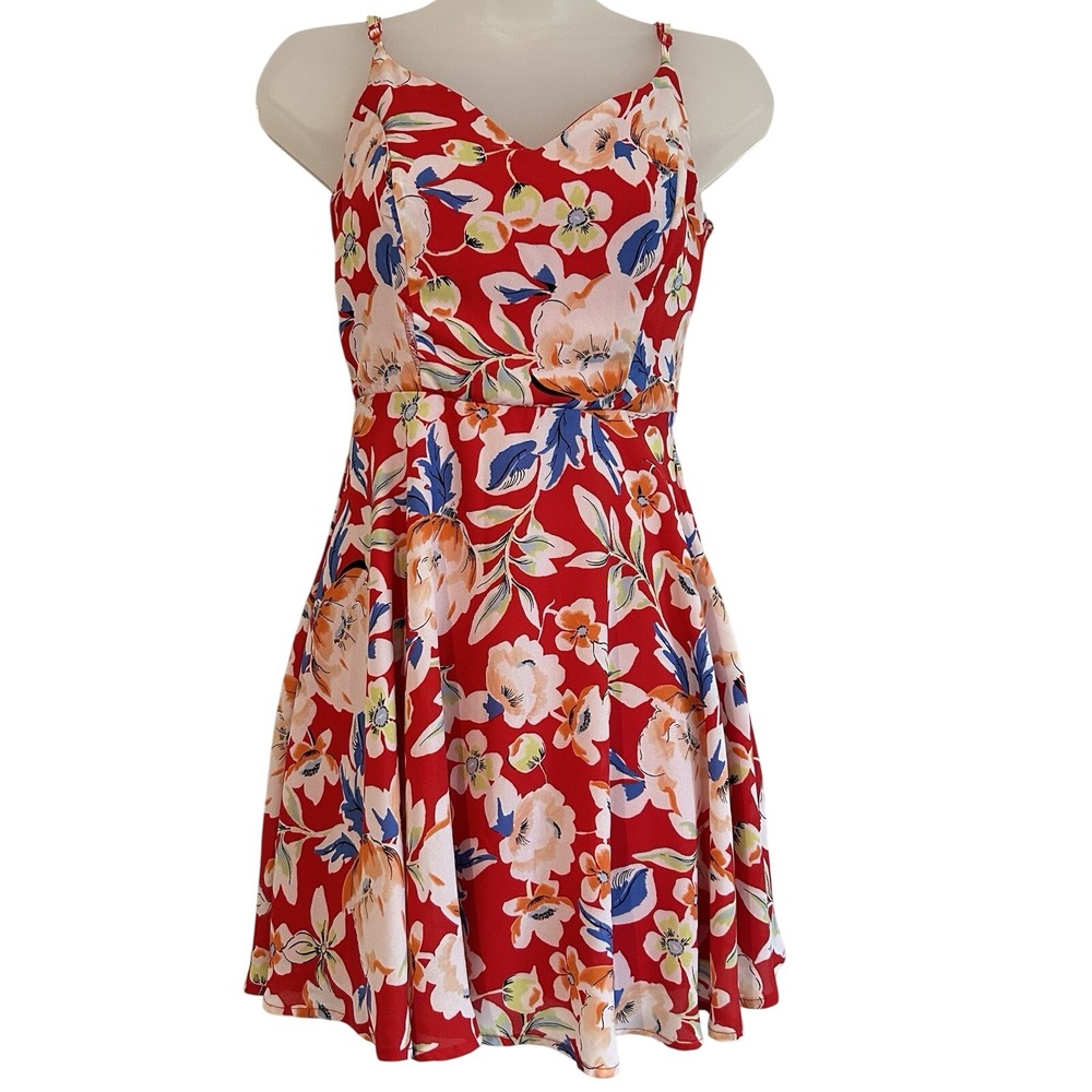 Trixxi Mini Red Floral Dress Sz S Sundress Sleeveless Sweetheart Tropical Beach